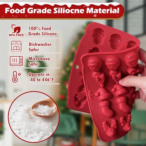 Image of HKNMTT Christmas Silicone molds for Xmas Candy Chocolate Wax Decor, 60 Cavity 11 Shapes Gummy Mould, Including Tree Santa Cane Hat Socks Elk Gingerbread Man Bell Glove Snowman Food Grade DIY Set