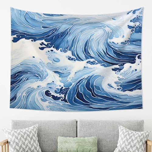Tapisserie océan aquarelle pour masquer un mur vide avec un grand drapé esthétique