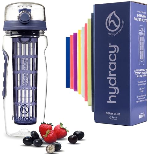 Hydracy Fruit Infuser Water Bottle - 32 oz Sports Bottle - Time Marker & Full Length Infusion Rod + 27 Fruit Infused Water Recipes eBook Gift - Berry Blue