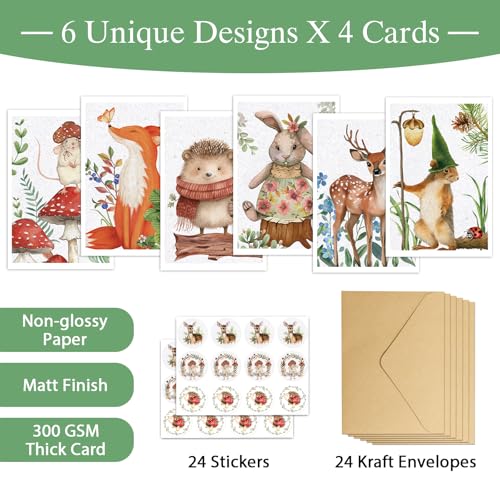 Image of Woodland Animals Blank Cards with Envelopes, 24 Pack Forest Animals Note Cards Bulk for Kids, 4x6 Inch Watercolor Greeting Card Set Boxed for All Occasions