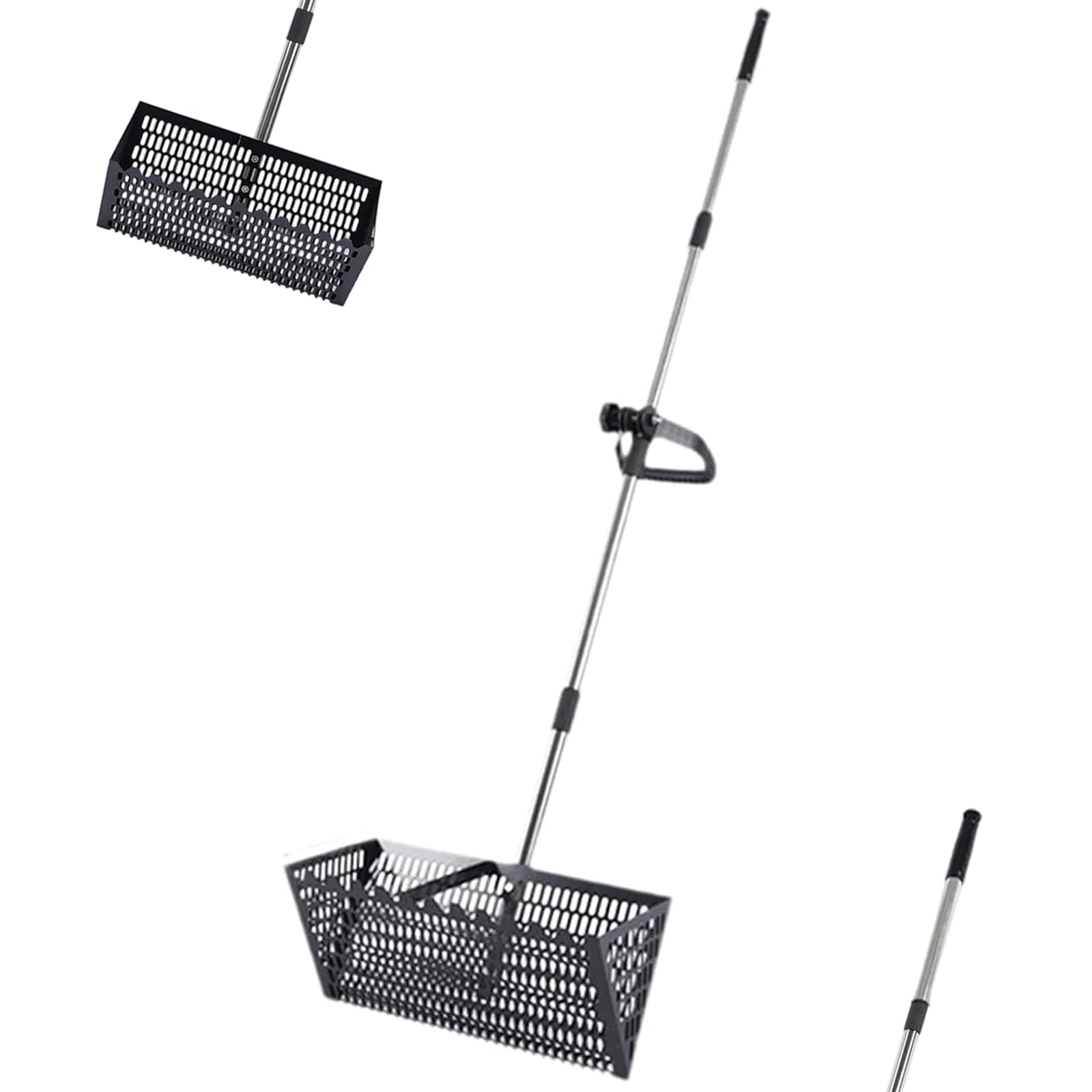 Sand Flea Rake, Stainless Steel Beach Sand Scoop with Wide Trapezoidal Basket, Convenient Carbon Steel Premium Long Handle Beach Sifter, for Beachcombing Sand Sifting and Treasure Hunting(Black)