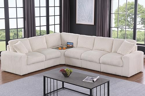 Image of Ball & Cast 116 inch Oversized Modular Sectional Sofa,Large Corduroy Upholstered Couch L-Shaped 7 Seat with Movable Ottoman & 2 Pillows,Comfty Sectionals W /Cup Holders & USB Ports,for Living Room,Beige