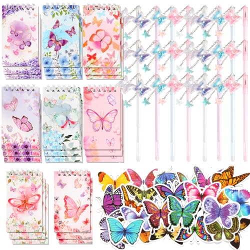 LiYiQ 148 Pcs Butterfly Party Return Gifts Bulk Mini Notebooks Pens Stickers Set for Butterfly...