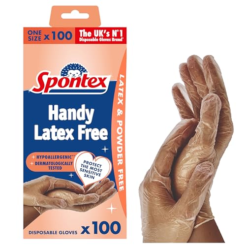 Spontex Protect Einmalhandschuhe aus Vinyl, ungepudert und latexfrei, vielseitig einsetzbar, in praktischer Spenderbox, Größe L, 100er Pack,