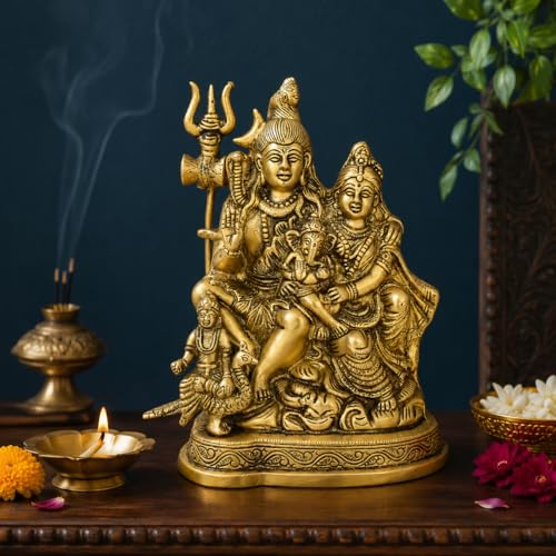 Image of Kartique Brass Shiv Parivar Idol | Antique Finish Shiv Parvati Murti for Home, Pooja Room, and Decoration | Statue Height 7.75 Inch