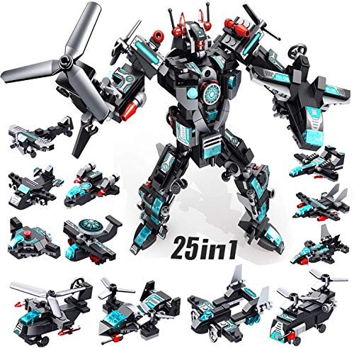 MOONTOY STEM Building Toys, STEM Robot Kits for Boys 6-12, 25-in-1 Building Bricks Kits for a Big Robot or 24 Small Space Fighter, Best Gifts for Age 6 7 8+ Year Old Boys, 577PCS Construction Blocks.