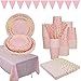 Partygeschirr aus Papier mit rosa und goldenen Punkten, für Abendessen, Desserts, Tassen, Servietten, Trinkhalme, Banner, Tischdecke für Geburtstagsparty, Hochzeit, Brautdusche – für 25 Personen