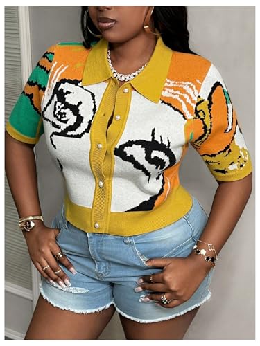 Image of WDIRARA Women's Plus Size Graphic Print Cardigan Button Down Sweaters Short Sleeve Cardigans