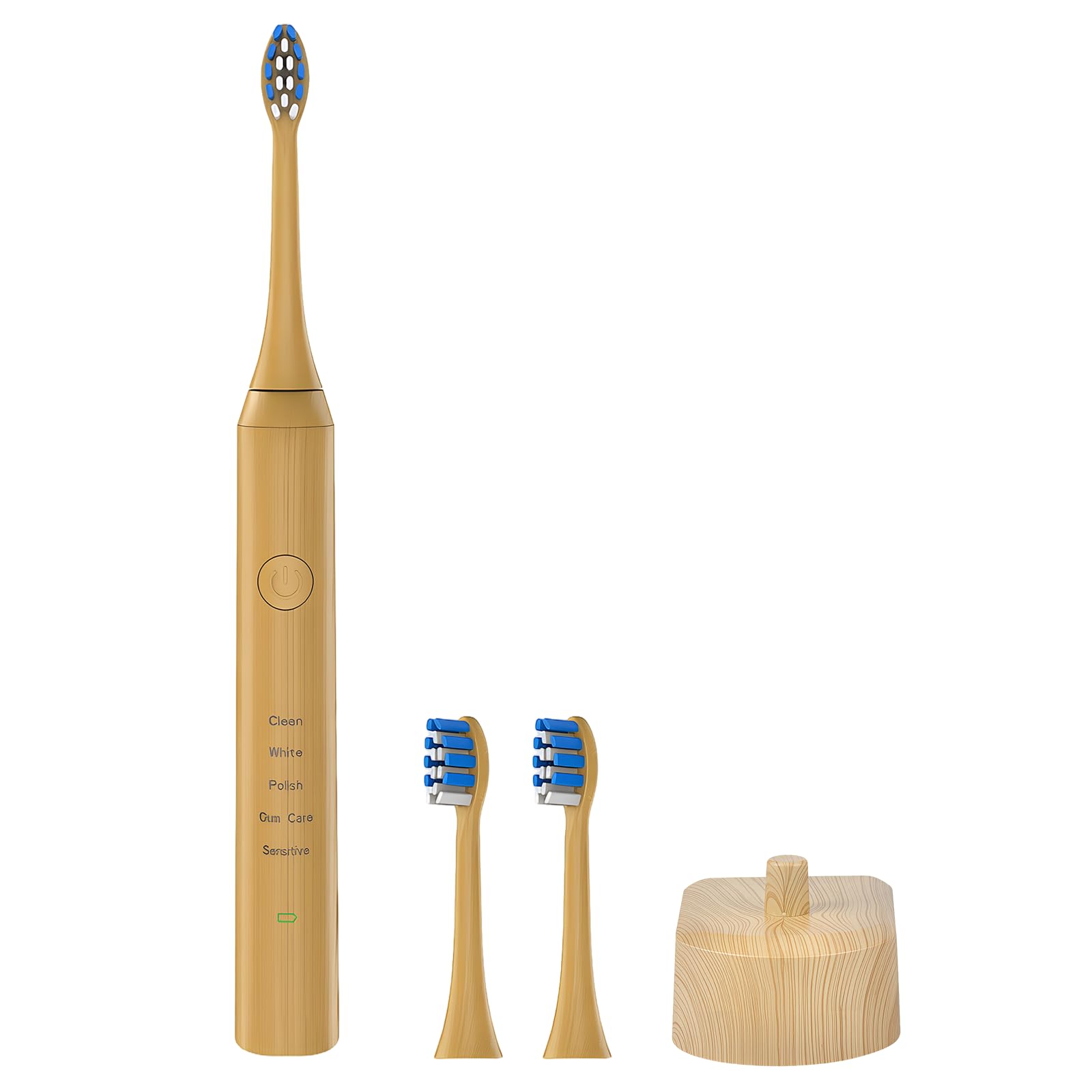 Holz-Schallzahnbürste, elektrische Zahnbürste mit 5 Modi, Naturholzgehäuse, 2 Bürstenköpfe, Induktionsladung, Mundpflege-Geschenk, für empfindliche Zähne, weiß