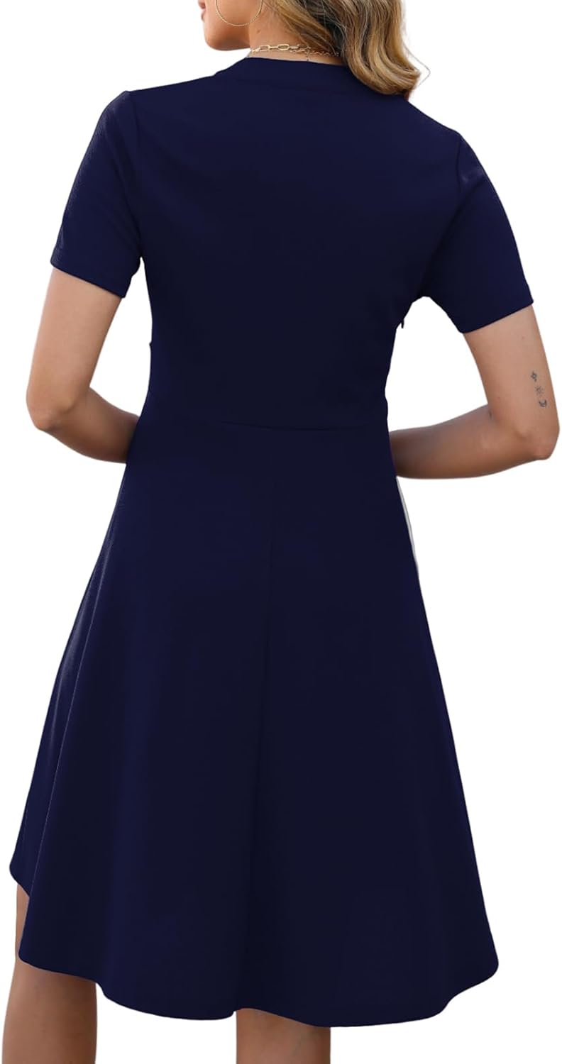 Mokayee Womens Summer Short Sleeve V Neck Fit and Flare A Line Business Casual Wedding Guest Work Dresses with Pockets - Image 2