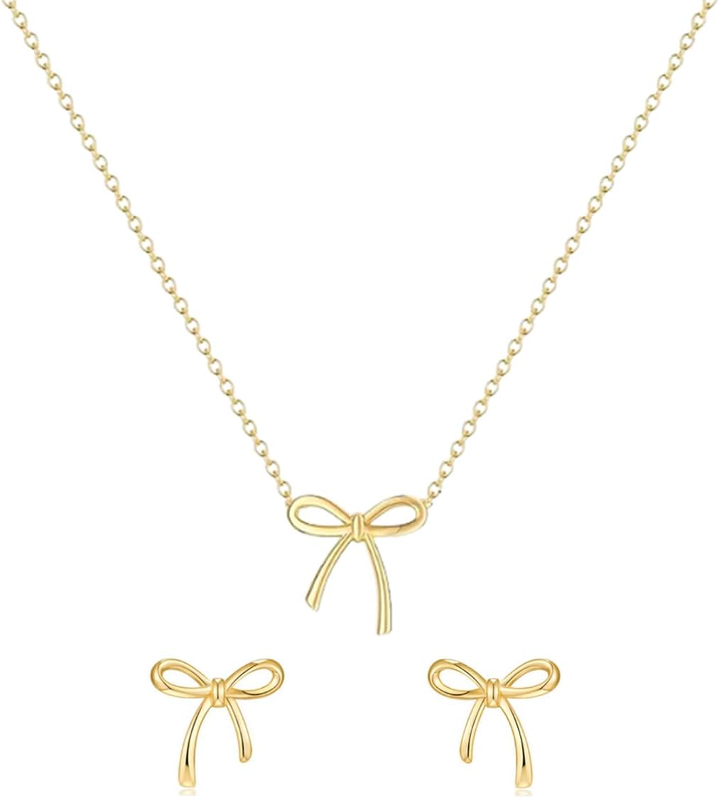 Gold Earrings Necklace for Women Cute Bow Earrings Dainty Bow Necklace Gold Jewelry Set Summer Beach Earring Charm Necklaces Beach Outfits Trendy Jewelry Gifts for Women