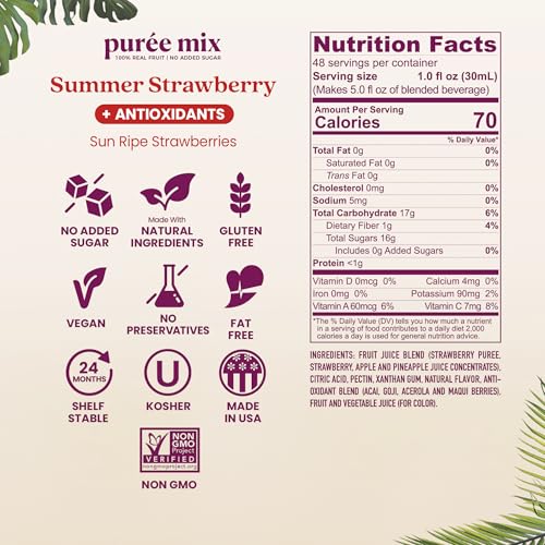 Image of Smartfruit Summer Strawberry + Antioxidants - 100% Real Fruit Puree with Strawberries, Apple & Pineapple - Great for Smoothies, Juice, Yogurt, Cocktails, Teas & More - 2-Pk, 48oz Each
