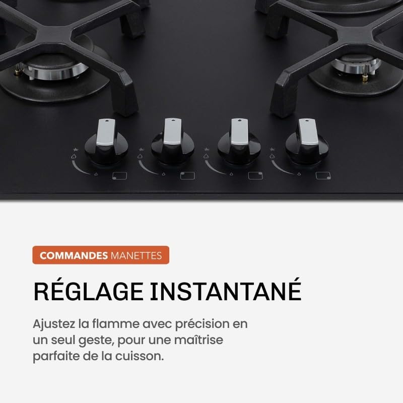 BELDEKO Plaque Gaz 4 Feux 8000W Noir Mat Grilles Fonte - Marque Française