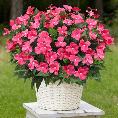 Guagb 8 Bundles Artificial Impatiens for Outdoors UV Resistant Artificial Outdoor Flower Bouquet Fake Flowers Faux Plants Silk Flowers for Outside Front Porch Garden Window Box Planter Decor(Rose Red)