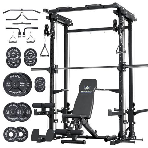 Major Fitness Drone3 Smith Machine, All-in-One Home Gym Squat Rack with Cable Crossover & Pull-Up Station, Heavy-Duty Strength Training (D3SMS-BK (with Bench Basic & 245LB CI)
