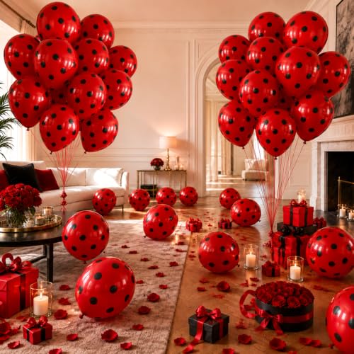 Image of TONIFUL 100 Pack Red Polka Dot Latex Balloons 12 Inch - Black Dots on Red for Ladybug Themed Birthday Carnival Baby Shower Graduation Party Decorations