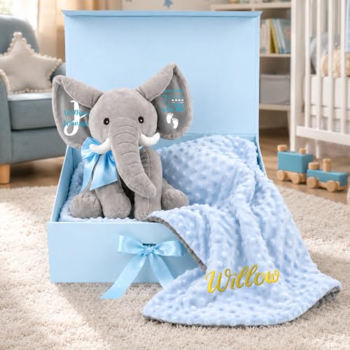 Image of Personalized Baby Blanket with Elephant Set for Baby Boy Gifts | Custom Baby Blanket with Name, Customized Blankets & Elephant Gift Set for Birthday, Flannel Dot Swaddle Gift for Baby Shower