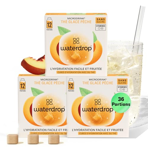 waterdrop® Thé Glacé Pêche, 36 cubes d'Ice Tea Sans Sucre, Saveur Thé Noir + Pêche, Pastilles d'eau aromatisées pour boissons, Extraits naturels de fruits et de plantes, Enrichi en vitamines