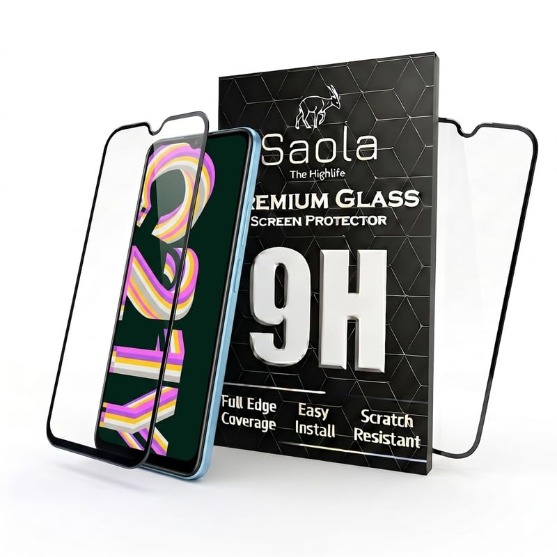 Image of Saola HD+ Oleophobic Tempered Glass Screen Protector For Realme C21y (Pack Of 2) with Free Installation Kit. Full screen Coverage - 6.5 inch