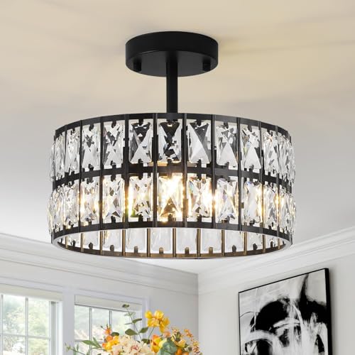 MSSIAN Black Crystal Ceiling Light Modern Black Chandelier Small Crystal Semi Flush Mount Ceiling Light Round Ceiling Pendant Light Fixture for Kitchen Island Foyer Hallway G9X4-Light D30CM