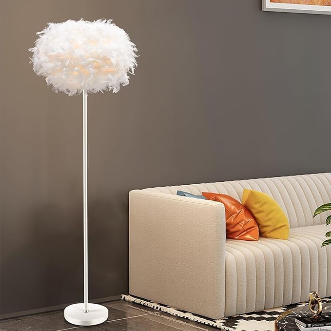 Kariosid Feather Floor Lamp,Modern Floor Lamp for Living Room,55" Standing Lamp,White Feather Floor Light for Bedroom,Study,Nursery,Home Office Decoration(E27 Base Holder)