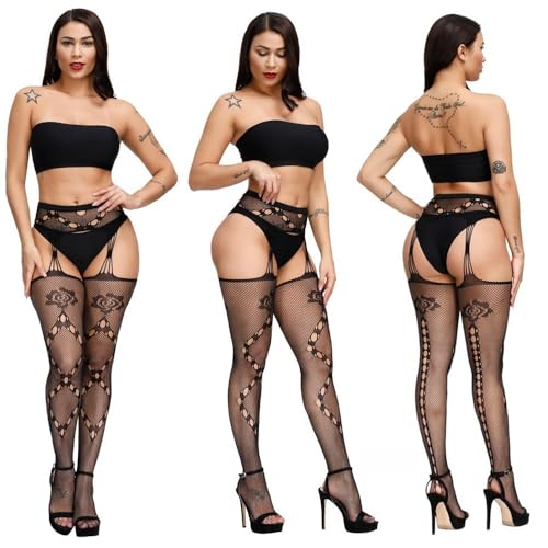 4Pairs Sets Plus Size Sexy Fishnet Stockings for Women Lace Patterned Tights Floral Mesh Stockings Thigh High Waist Pantyhose (1507092398)3