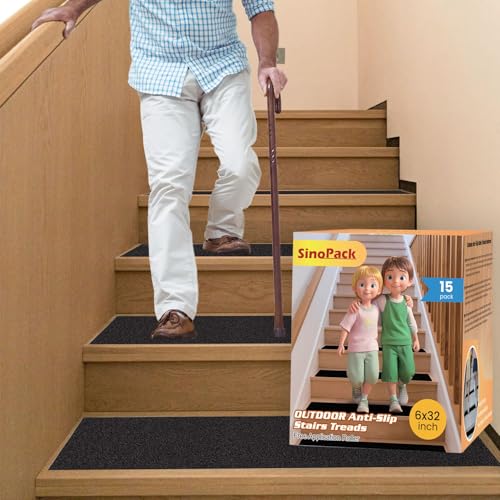 Image of Outdoor Non Slip Tape 6'' x 32'' (15-Pack) High Traction Adhesive Treads - Heavy Duty 80 grit Black Non Slip Tape -Anti Skid Strips - Grip Tape for Steps
