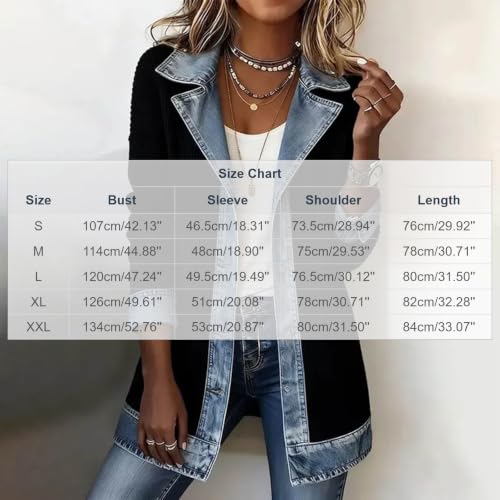 Denim Blazer for Women Collared Patchwork Jackets Knit Cardigan - image 2