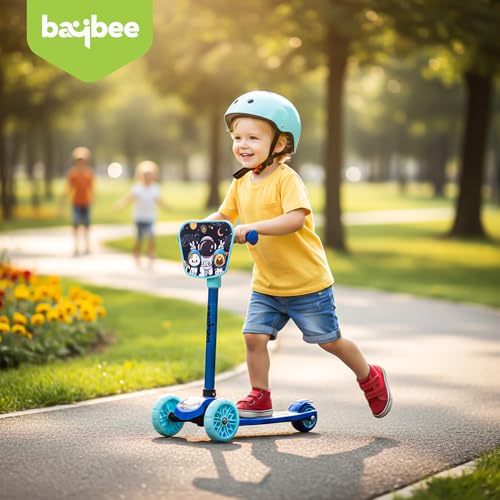 Image of Baybee Joyster Kick Scooter for Kids with 4 Height Adjustable | Foldable Runner Scooters with Magic Board & LED Lights | 3 Wheel Baby Scooters with Rear Brake | Skate Scooter for Kids 3+ Years (Blue)