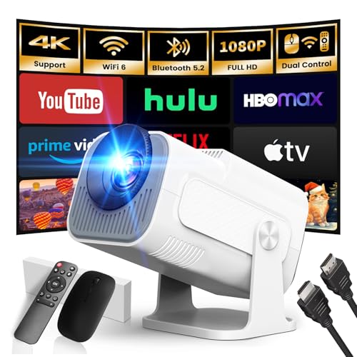 [App Integrada] 2025 Upgraded Proyector Portátil 1920x1080P 4K Supote Videoproyector Dual Control TV WiFi 6 BT5.2 180° Rotation Compatible con HDMI/TV Stick/USB/Laptop, Blanco