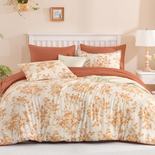 Image of Andency Floral Comforter King Set, 7 Pieces Orange Rose Flower Bedding Set
