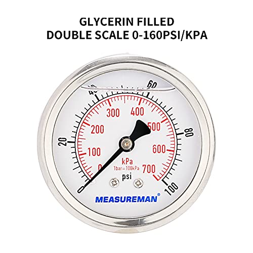 Measureman 2-1/2Inch Dial Size, Glycerin Filled Pressure Gauge, 0-100Psi/Kpa, 304 Stainless Steel Case, 1/4 Inch Npt Center Back Mount #TOP2
