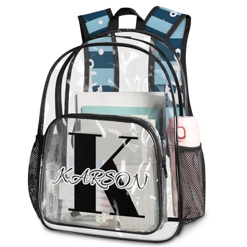 Personalized Small Clear Backpack Stadium Approved Heavy Duty PVC Plastic Custom Anchor Transparent Backpacks See Through Bag with Name, Beach Theme