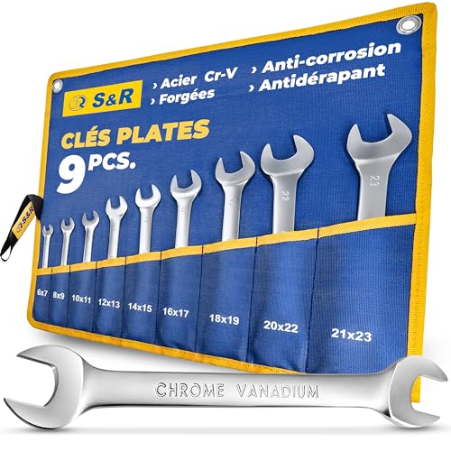 S&R Jeu de 9 Clés à Fourche Plates 6-23 mm. Clefs Fixe Double Fourche outillage mecanique auto Qualité Industrielle