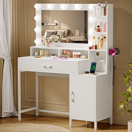 Driftalia Vanity Desk with Mirror and Lights, Makeup Vanity with Storage Drawer, Power Outlet and...