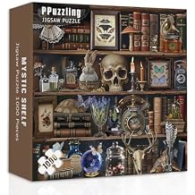 Bookshelf Puzzles for Adults 1000 Pieces, Vintage Gothic Library Jigsaw Puzzle, Magic Skulls, Books, Candles and Butterflies Puzzle