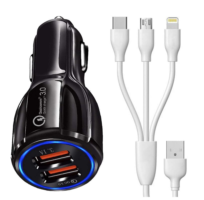 30W Car Charger for Apple iPad Pro 11 (2022) DualPort High Speed Turbo Charge QC 3.0 Smart with 1.2m 3-in-1 Multi Cable Micro USB Android iOS Type-C USB Cable (Black, PE2)