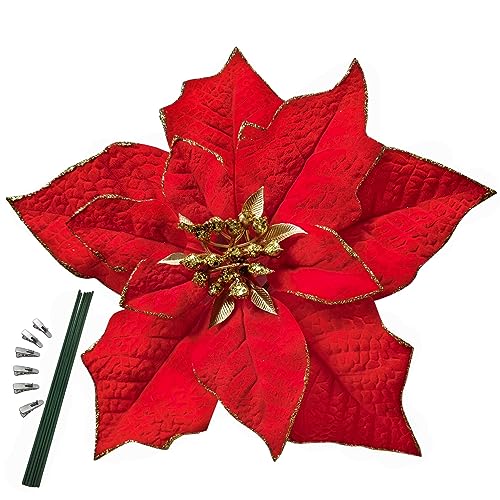 M2cbridge Artificial Christmas Flowers Red Velvet Poinsettia Floral Picks for Christmas Wreath Tree Ornaments(6pcs Large Red)