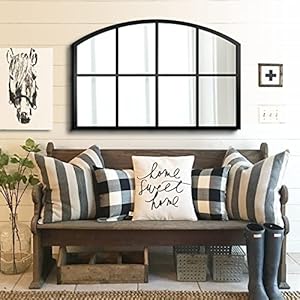 WAMIRRO Wide Window Pane Black MirrorFarmhouse Arched Wall MirrorGrid Mirror for FireplaceEntrywayHallwayLiving Room42X28 Black Wide Mirror