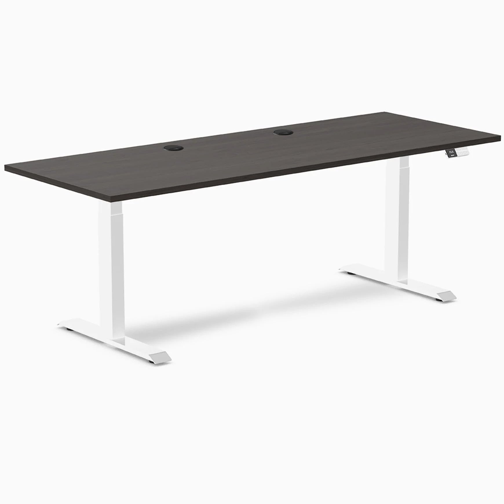 Desky Dual Laminate Sit Stand Desk Burnished Wood 78.7" Grommets White