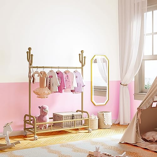 Bestier Kids Dress Up Rack, Adjustable Height for Kids Clothes, Metal Rack with Wheels and Bottom Storage Shelf, Gold