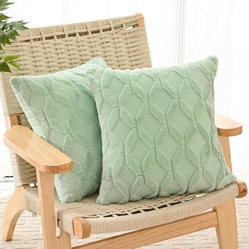 Volcanics Pack of 2 Faux Wool Throw Pillow Covers 20x20 Inches Decorative Farmhouse Velvet Couch Pillow Case Soft Plush Square Boho Cushion Pillowcase, Sage Green