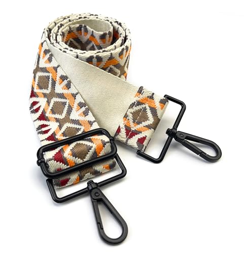 Image of Cream Brown Orange Boho Diamond Purse Strap with Matte Black Hardware 2 Inch Wide Replacement Crossbody Guitar Style Shoulder Strap for Handbags Totes
