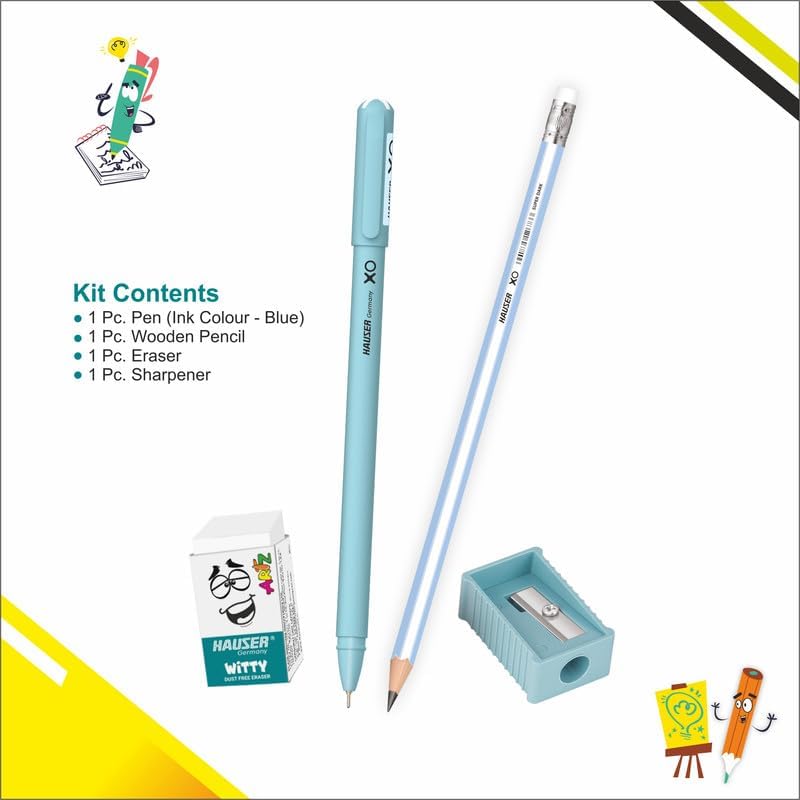 Hauser Germany XO Mini Stationery Kit | All-in-One Stationery Solution for School, Office & College | Includes Pen, Pencil, Eraser & Sharpener | Ideal for Return Gifting | Pack of 10 - Color May Vary