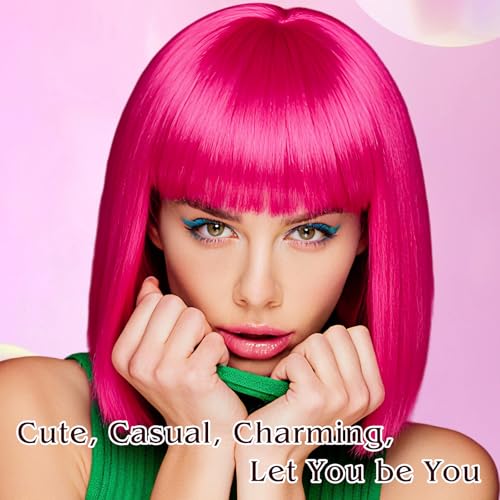Image of PLULON Hot Pink Bob Wig with Bangs, Short Straight Bob Wig with Heart Sunglasses 12Inch Shoulder Length Heat Resistant Synthetic Hair for Women Natural Look Daily Use Cosplay Halloween Costume Party