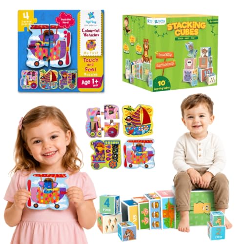 Image of PepPlay Toddler Learning Combo, Stacking and Nesting Cubes + Touch and Feel Vehicles Puzzle, Montessori Educational Toys for 1 to 4 Year Old Kids, Travel, Early Learning Brain Development Gift Set