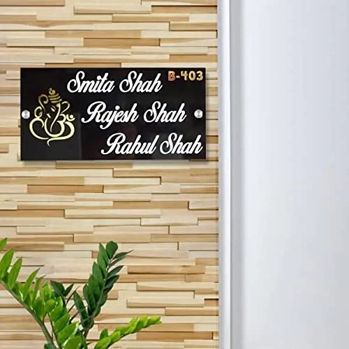 MYSTICA Ganesha Black Acrylic Customised Home Name Plate for Home | Personalized Name Plate For Home Entrance (6InchX12Inch)