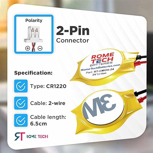 Miniatura 2 de Rome Tech CR1220 CMOS Batería para ASUS ROG GL552J  ASUS ROG Strix GL703 - Batería de respaldo para laptop BIOS RTC 3V CR 1220 con 2 cables medianos