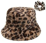 Leopard Print Bucket Hats for Women Men Winter Plush Fuzzy Bucket Hat Faux Fur Cheetah Pattern Fisherman Cap Warm Thick Caps (US, Alpha, Medium, Brown(Leopard Print))