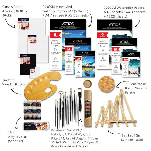 Image of ARTIOS Painting Kit for Artists - 121pcs Painting Set for Adults and Kids with Paint Brush Set, Acrylic Paints, Mixed Media Papers, Watercolor Papers, Canvas Boards, Easels & Wooden Palette